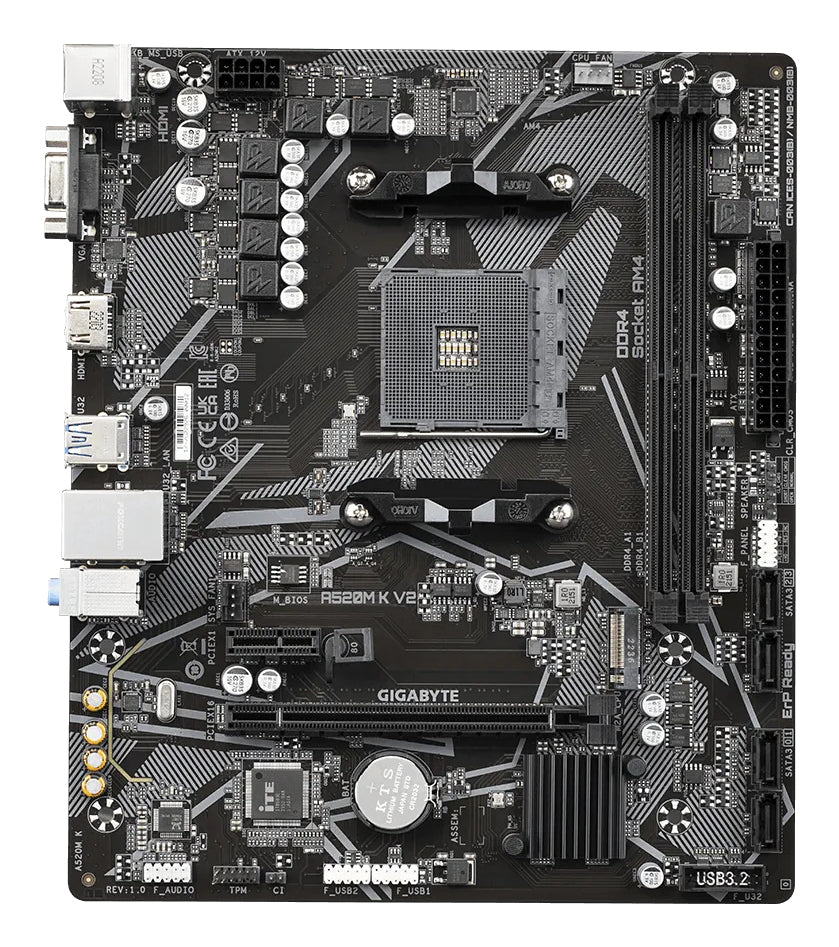GIGABYTE A520M K V2 Mainboard - Unterstützt AMD Ryzen 5000 Serie AM4 CPUs, bis zu 5100MHz DDR4 (OC), PCIe Gen3 x4 M.2, GbE LAN, USB 3.2 Gen 1