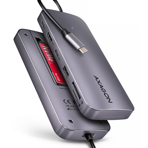Axagon HMC-6GM2 USB 10Gbps hub USB-A USB-C HDMI M.2 SD/mSD PD 100W USB-C Kabelgebunden USB 3.2 Gen 2 (3.1 Gen 2) Type-C Grau