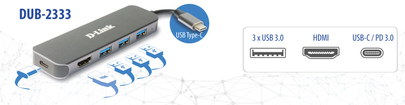 D-Link DUB-2333 laptop-dockingstation & portreplikator Kabelgebunden USB Typ-C Grau