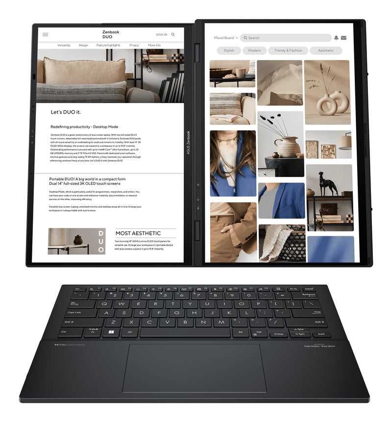 ASUS Zenbook Duo UX8406CA-QL153W Intel Core Ultra 9 285H Hybrid (2-in-1) 35,6 cm (14") Touchscreen Full HD 32 GB LPDDR5x-SDRAM 1 TB SSD Wi-Fi 7 (802.11be) Windows 11 Home Grau