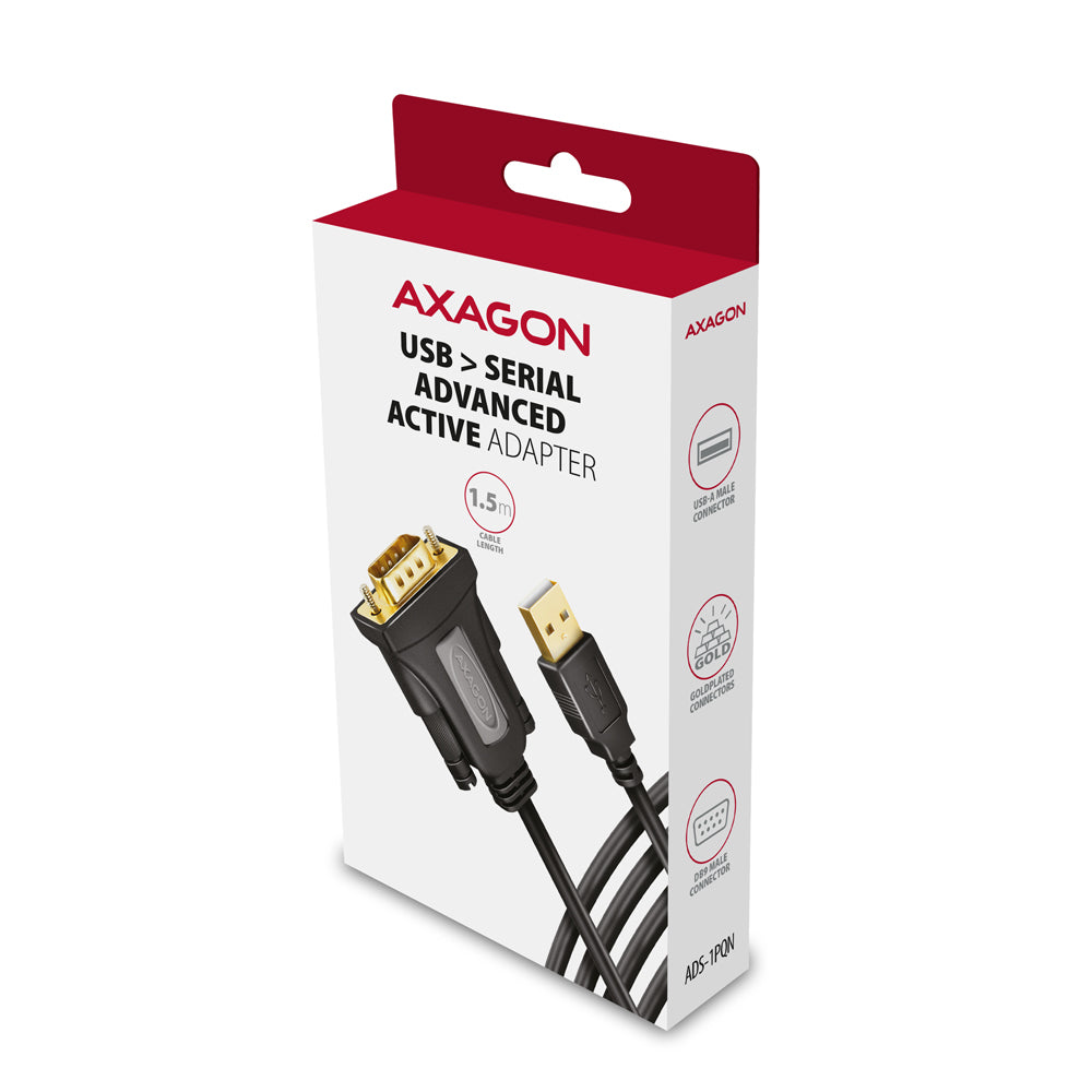 Axagon ADS-1PQN USB-A 2.0 - serial RS-232 DB9-M FTDI adapter cable 1.5m - Adapter - Digital/Daten Serien-Kabel Schwarz 1,5 m USB Typ-A