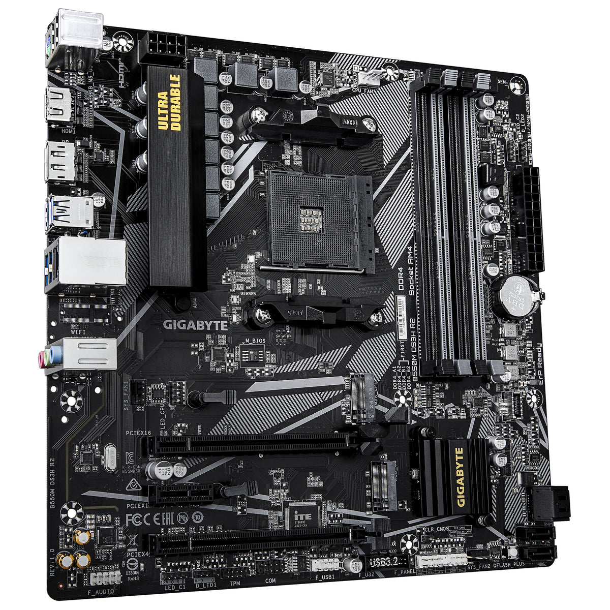 GIGABYTE B550M DS3H R2 Mainboard – AMD Ryzen 5000 Prozessoren, 5+3 Phasen VRM, bis zu 4733 MHz DDR4 (O.C.), 1x PCIe 4.0 + 1x PCIe 3.0 M.2, 1 GbE LAN, USB 3.2 Gen 1
