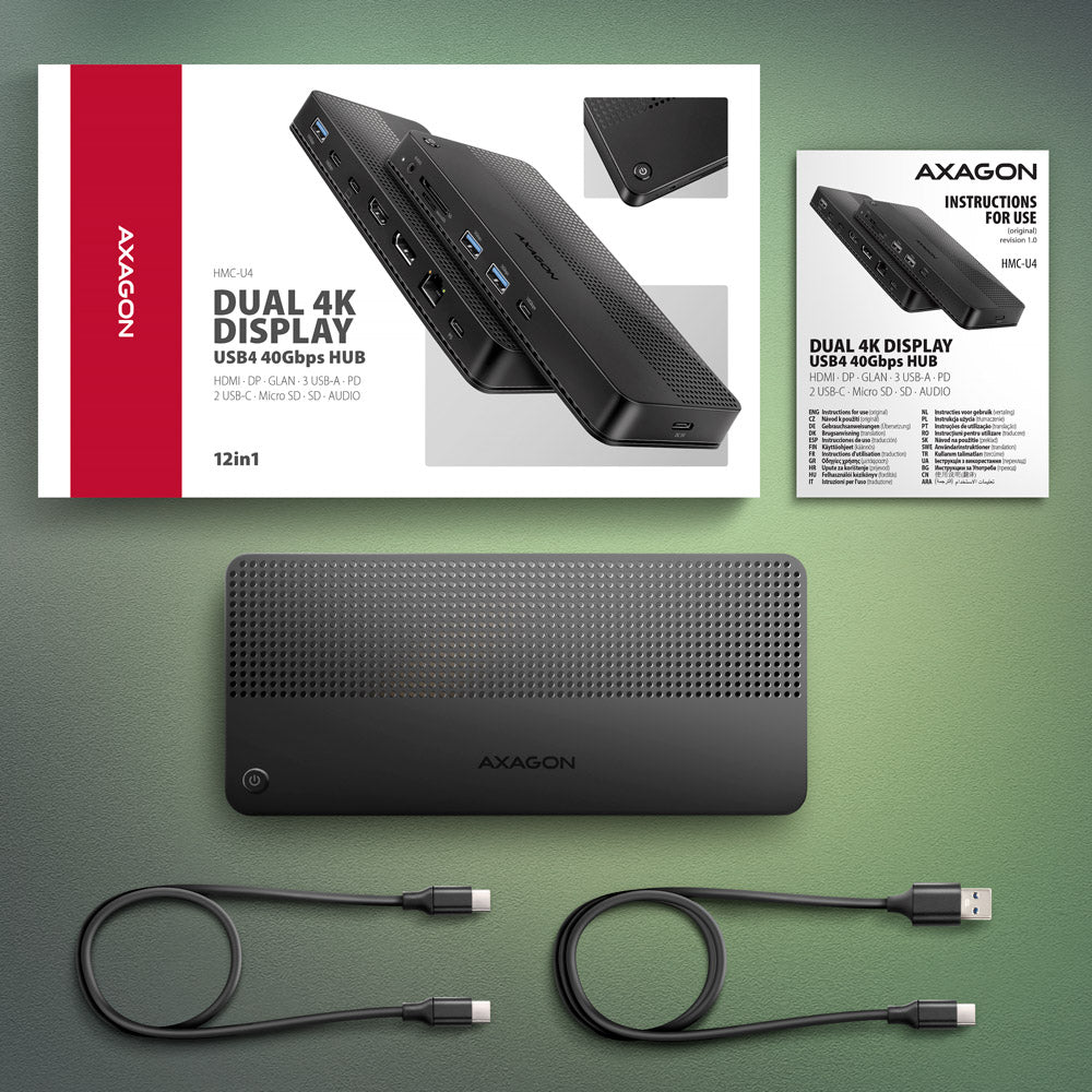 Axagon HMC-U4 USB4 dock, 3x USB-A, 2x USB-C, HDMI & DP 8K/30Hz, RJ-45, SD/mSD, audio, PD 100W