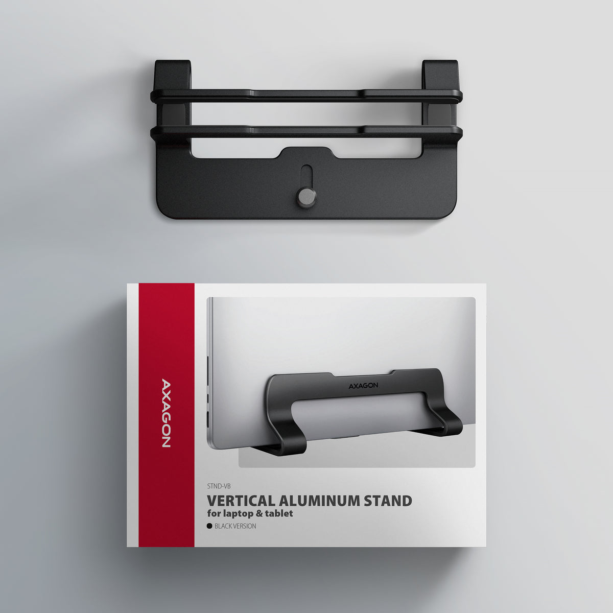 Axagon STND-VB Aluminiumständer für die vertikale Platzierung von Laptops mit einer Größe von 10"–17.3". Einstellbare Schlitzbreite 9.5–25.5 mm. Schwarze Version.