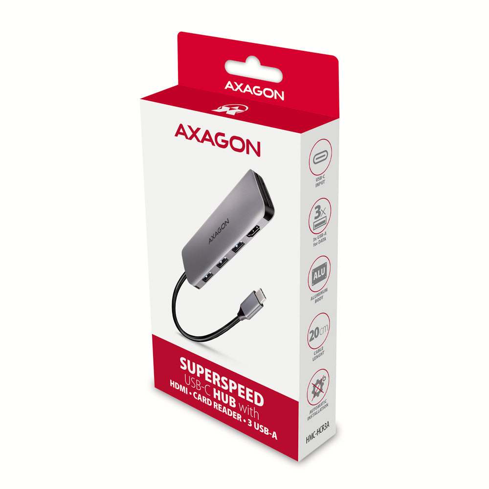 Axagon HMC-HCR3A 3x USB-A+ HDMI+ SD/microSD USB-C 3.2 Gen 1 hub 20cm Kabelgebunden USB 3.2 Gen 1 (3.1 Gen 1) Type-C Grau