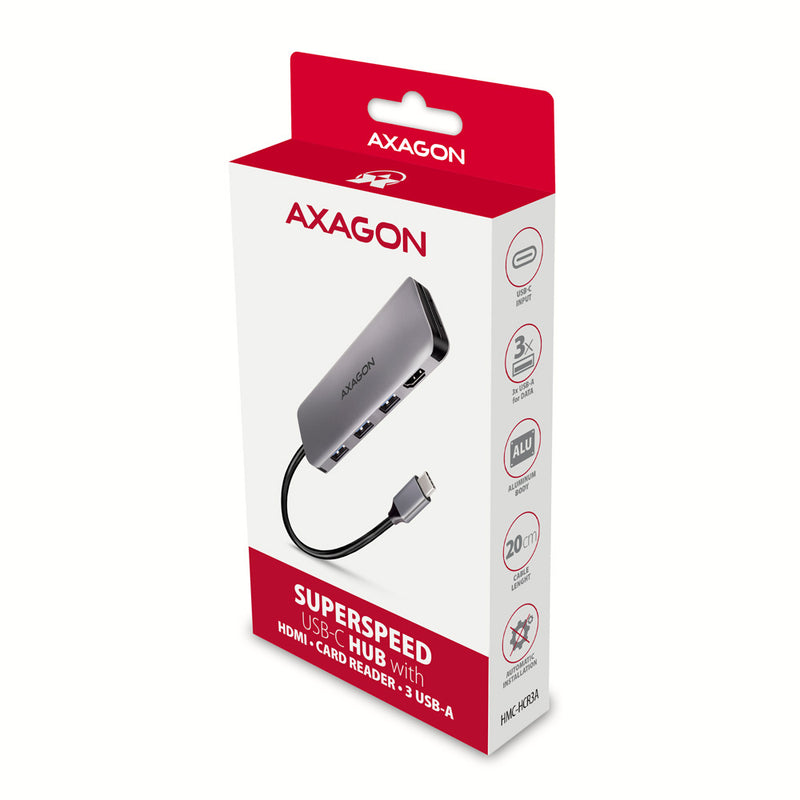Axagon HMC-HCR3A 3x USB-A+ HDMI+ SD/microSD USB-C 3.2 Gen 1 hub 20cm Kabelgebunden USB 3.2 Gen 1 (3.1 Gen 1) Type-C Grau