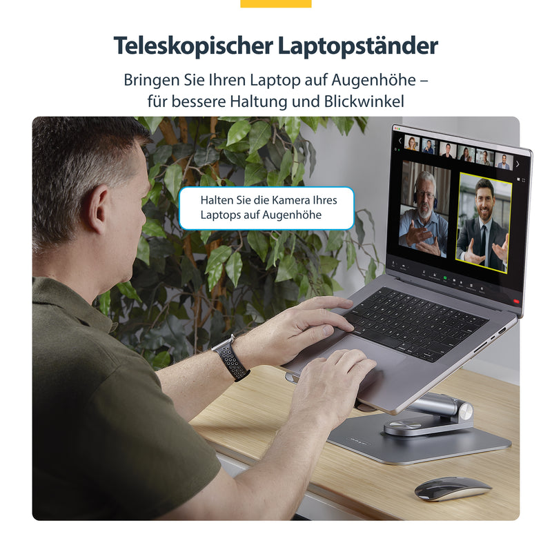 StarTech.com Ergonomischer Höhenverstellbarer Laptopständer, Dreh-Neigbarer Computerständer, Tragbare Laptophalterung-Notebookständer, bis 5kg, Aluminium Konstruktion