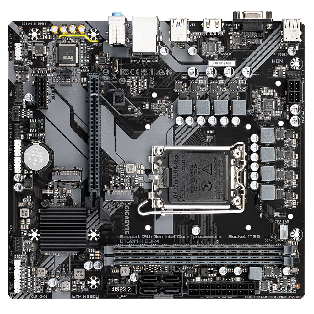 GIGABYTE B760M H DDR4 Motherboard - Unterstützt Intel Core 14. Generation CPUs, 6+1+1 Phasen Digital VRM, bis zu 3200MHz DDR4 (OC), 2xPCIe 4.0 M.2, GbE LAN, USB 3.2 Gen1