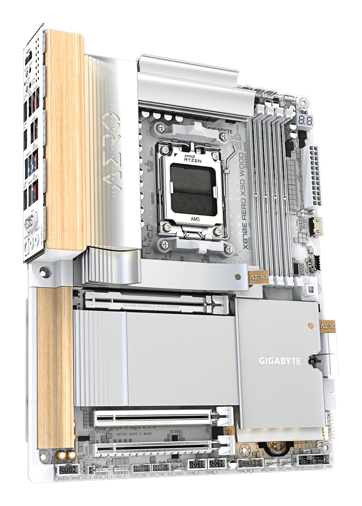 GIGABYTE X870E AERO X3D WOOD Mainboard - Unterstützt AMD Ryzen 9000 CPUs, digitales 16+2+2-Phasen-VRM, bis zu 9000Hz DDR5 (O.C.), 2xPCIe 5.0 + 2xPCIe 4.0, Wi-Fi 7, 5GbE LAN, USB 4