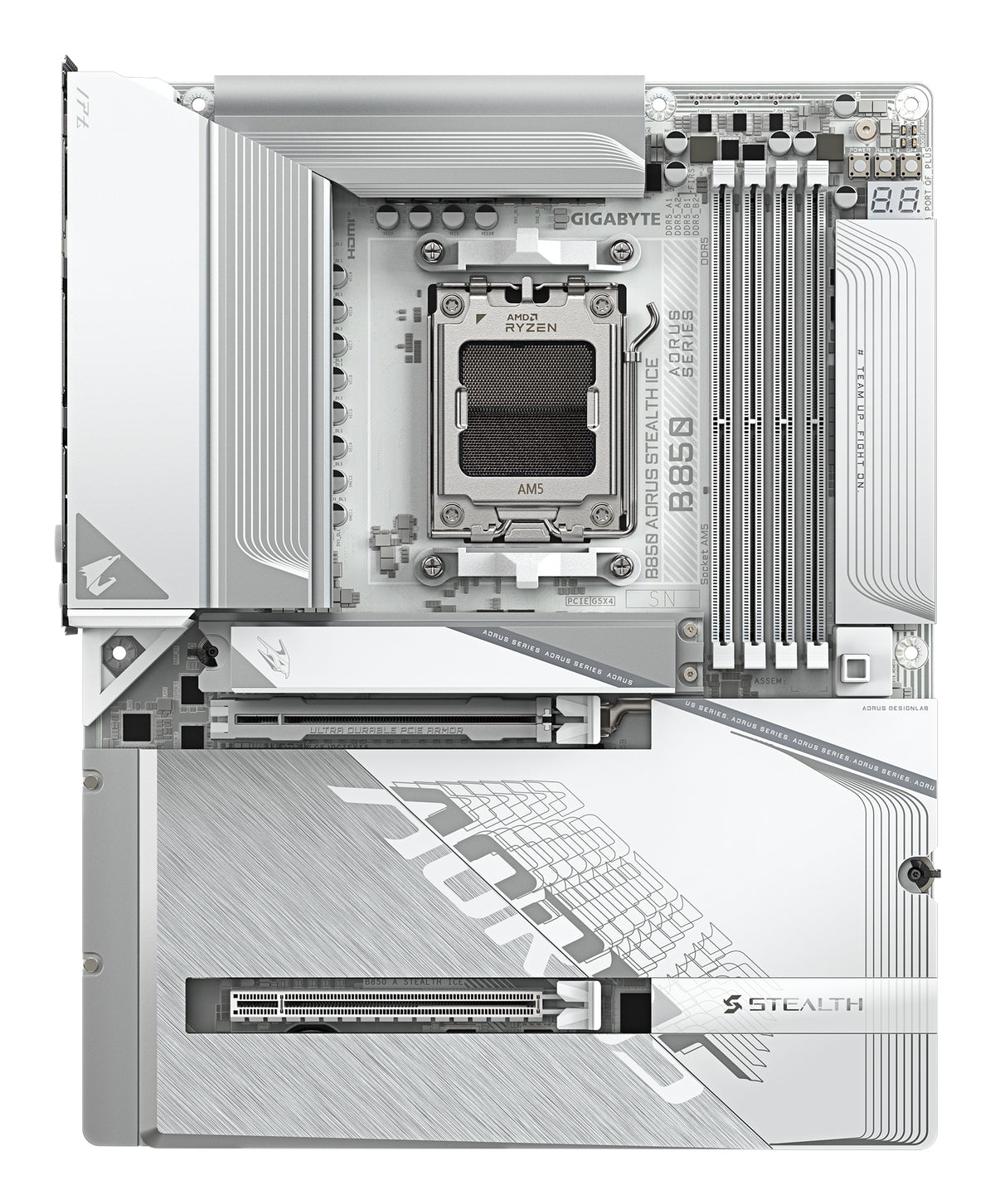 GIGABYTE B850 AORUS STEALTH ICE Mainboard – Unterstützt AMD Ryzen 9000 Serie CPUs, digitales 14+2+2 Phasen VRM, bis zu 8200 MHz DDR5 (OC), 2 x PCIe 5.0 + 2 x PCIe 4.0 M.2, Wi-Fi 7, 5 GbE LAN, USB 3.2 Gen 2