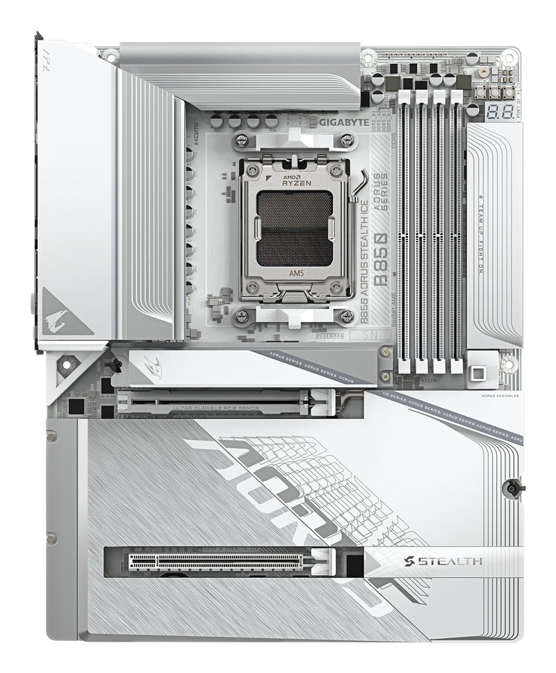 GIGABYTE B850 AORUS STEALTH ICE Mainboard – Unterstützt AMD Ryzen 9000 Serie CPUs, digitales 14+2+2 Phasen VRM, bis zu 8200 MHz DDR5 (OC), 2 x PCIe 5.0 + 2 x PCIe 4.0 M.2, Wi-Fi 7, 5 GbE LAN, USB 3.2 Gen 2