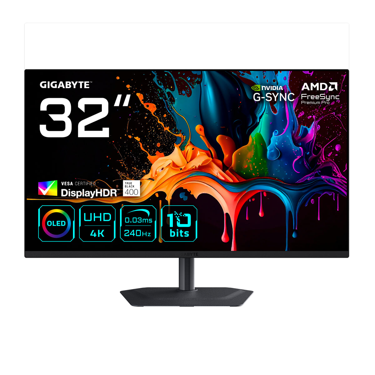 GIGABYTE MO32U2 32” OLED 4K UHD Gaming-Monitor - 3840 x 2160, 240Hz, 0.03ms, 250 cd/m², G-Sync Kompatibel, FreeSync Premium Pro, Display HDR True Black 400, HDMI 2.1, DisplayPort 1.4