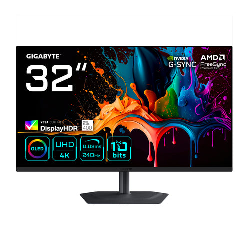 GIGABYTE MO32U2 32” OLED 4K UHD Gaming-Monitor - 3840 x 2160, 240Hz, 0.03ms, 250 cd/m², G-Sync Kompatibel, FreeSync Premium Pro, Display HDR True Black 400, HDMI 2.1, DisplayPort 1.4