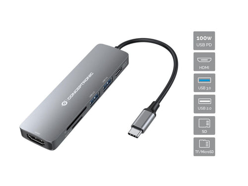 Conceptronic DONN11G 6-in-1 USB 3.2 Gen 1 Dockingstation, HDMI, 100W USB PD, USB 3.0, USB 2.0, SD, TF/MicroSD