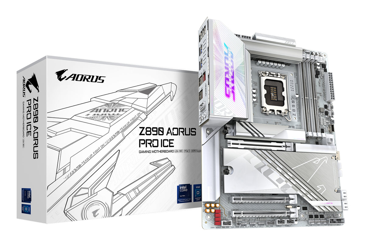 GIGABYTE Z890 AORUS PRO ICE Mainboard - Unterstützt Intel Core Ultra (Serie 2) CPUs, 16+1+2 Phasen VRM, bis zu 9500MHz DDR5 (OC), 1xPCIe 5.0 + 4xPCIe 4.0, Wi-Fi 7, 5GbE LAN, Thunderbolt 4