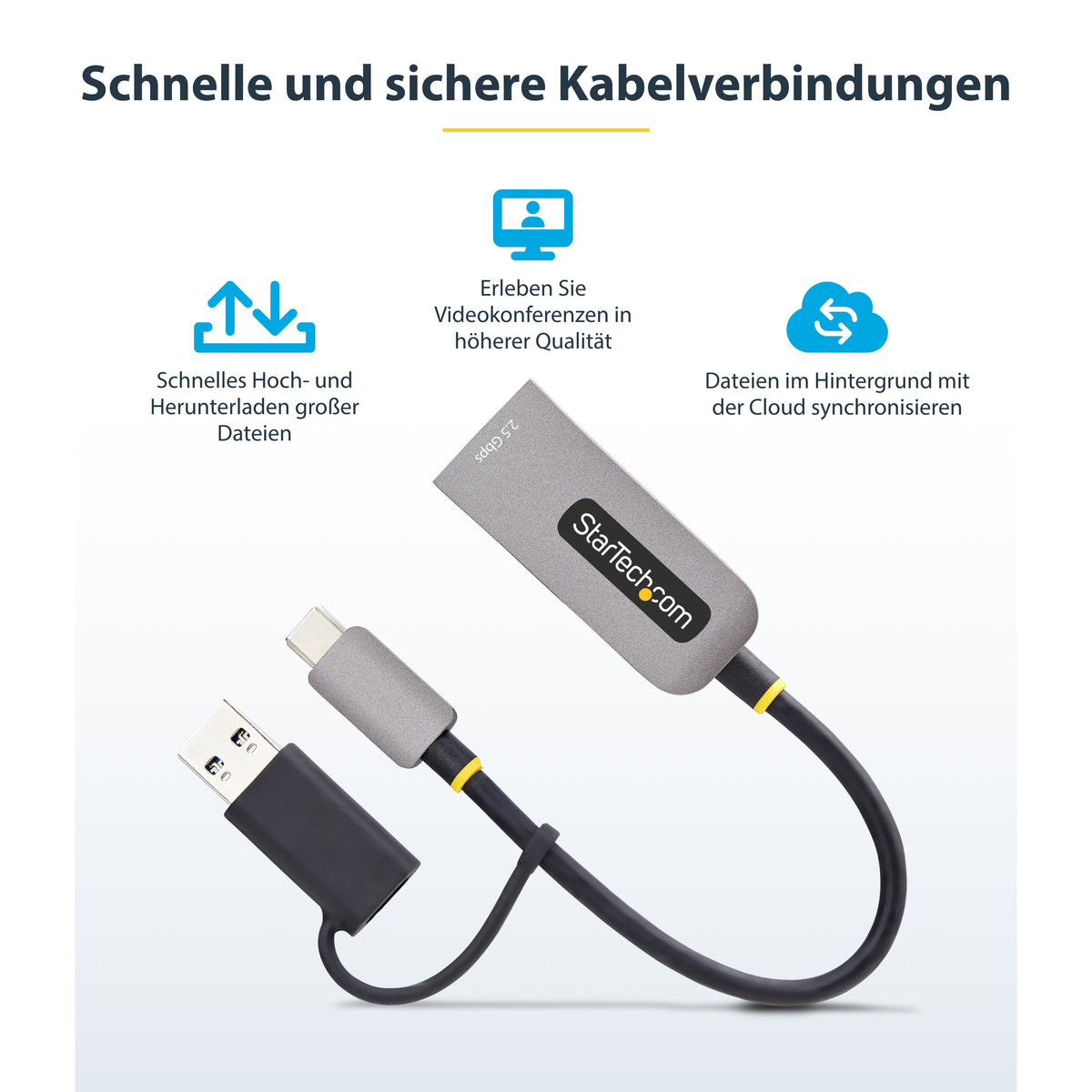 StarTech.com 2.5GbE USB C Ethernet Adapter mit USB-A Adapter, USB-C LAN-RJ45 Netzwerkadapter, USB 3.1 Typ-C 2.5Gb NIC, Thunderbolt & USB4 Kompatibel, Windows & Mac