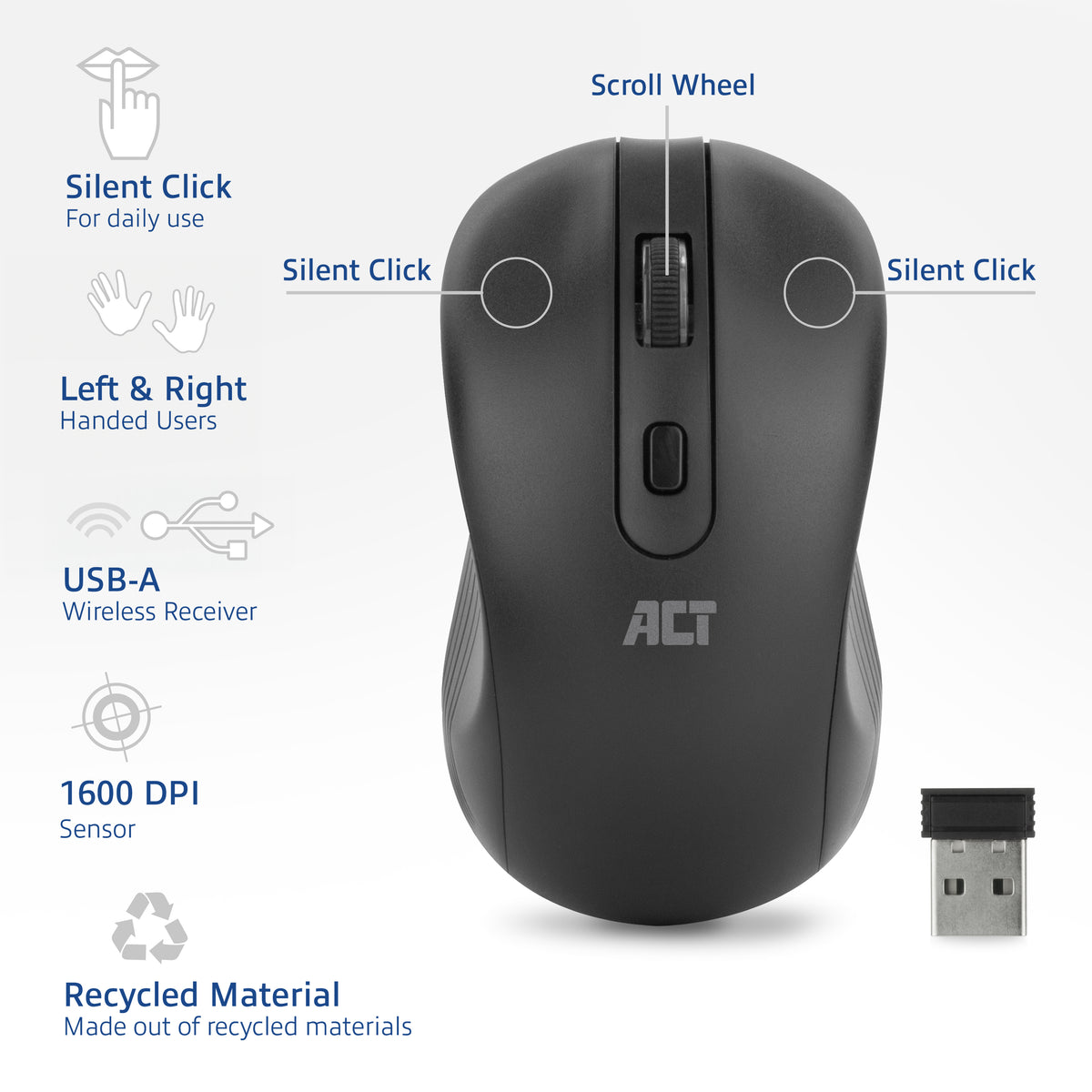 ACT Kabellose Maus 1600 DPI, Silent Click, umweltfreundlich, aus recycelten Materialien hergestellt