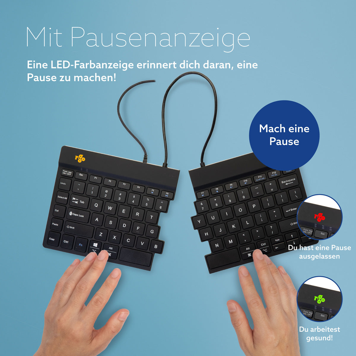 R-Go Tools Ergonomische Tastatur R-Go Split Break v2 mit Pausensoftware, geteilte Tastatur, QWERTY (US), Kabelgebunden, Schwarz
