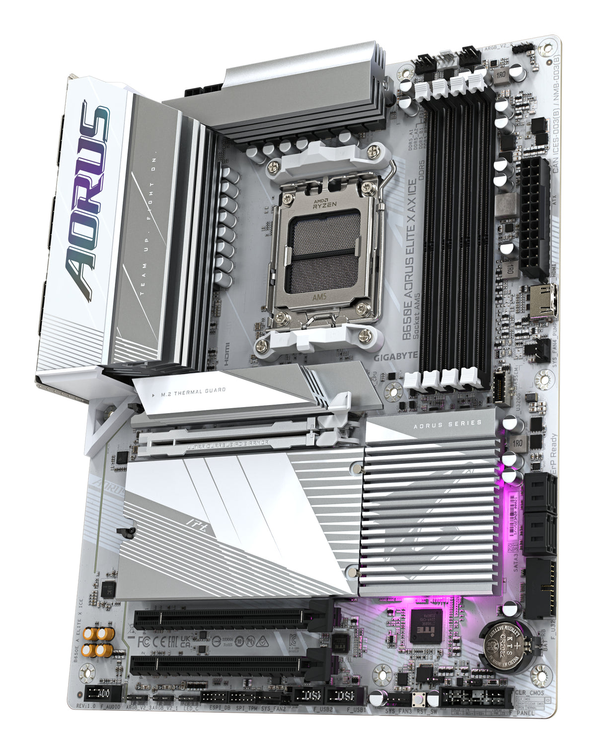 GIGABYTE B650E AORUS ELITE X AX ICE Mainboard - AMD Ryzen 9000er-Serie, 12+2+2 Phasen VRM, bis zu 8000 MHz DDR5 (OC), 1xPCIe 5.0 + 2xPCIe 4.0 M.2, 2,5 GbE LAN, WIFI 6E, USB 3.2 Gen 2