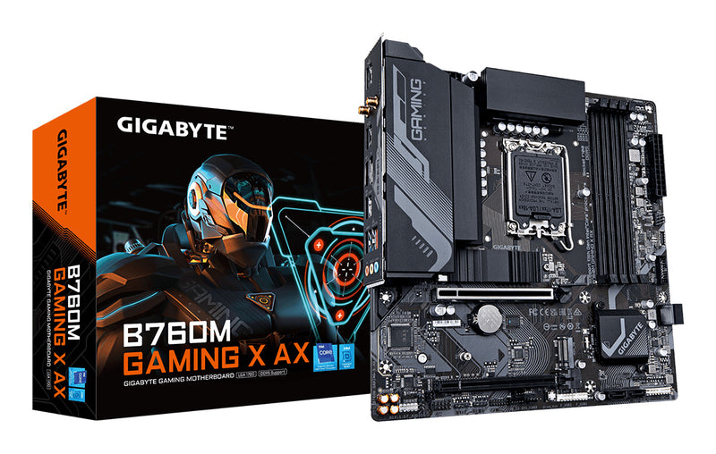 GIGABYTE B760M Gaming X AX Mainboard – Unterstützt Intel Core 14. Gen CPUs, 8+1+1 Phasen VRM, bis zu 7600 MHz DDR5, 2xPCIe 4.0 M.2, Wi-Fi 6E, 2.5GbE LAN, USB 3.2 Gen 2
