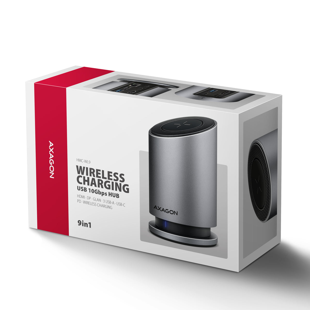 Axagon HMC-WL9 USB-C 10Gbps-Dockingstation mit 15 W kabellosem Laden 9in1