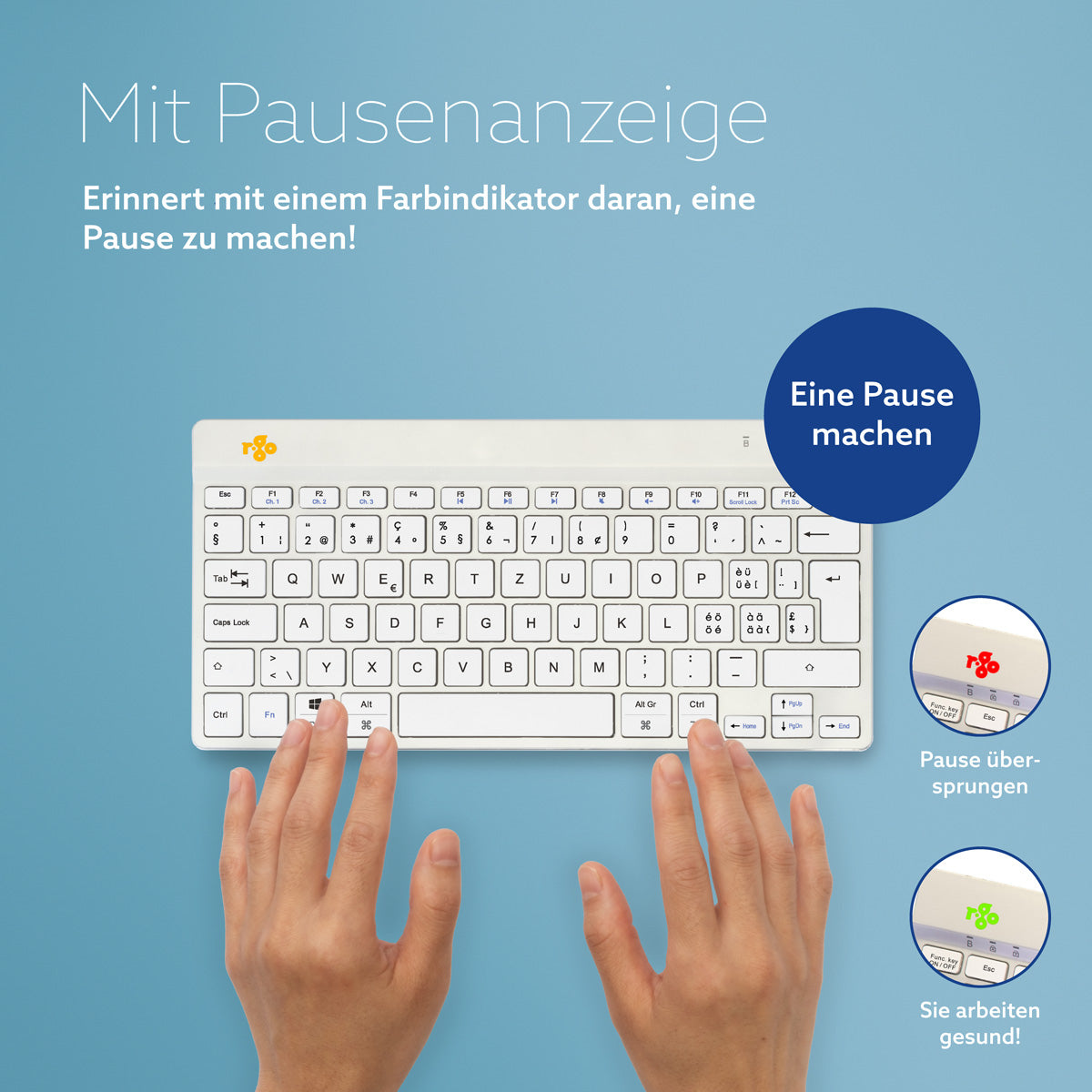 R-Go Tools Ergonomische Tastatur R-Go Compact Break, kompakte Tastatur mit Pausensoftware, QWERTZ (CH), Bluetooth, Weiß
