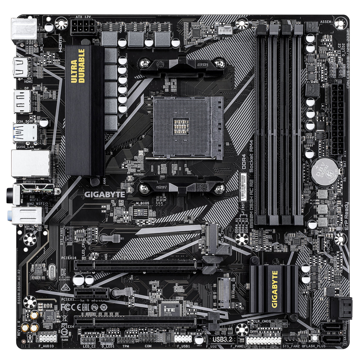 GIGABYTE B550M DS3H AC R2 Mainboard – AMD Ryzen 5000 Prozessoren, 5+3 Phasen VRM, bis zu 4733 MHz DDR4 (O.C.), 1x PCIe 4.0 + 1x PCIe 3.0 M.2, Wi-Fi 5, 1 GbE LAN, USB 3.2 Gen 1