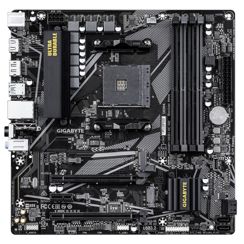 GIGABYTE B550M DS3H AC R2 Mainboard – AMD Ryzen 5000 Prozessoren, 5+3 Phasen VRM, bis zu 4733 MHz DDR4 (O.C.), 1x PCIe 4.0 + 1x PCIe 3.0 M.2, Wi-Fi 5, 1 GbE LAN, USB 3.2 Gen 1