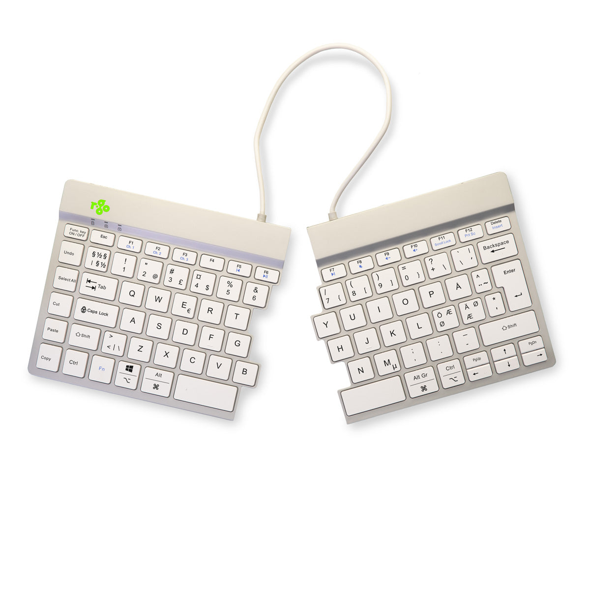 R-Go Tools Ergonomische Tastatur R-Go Split Break mit Pausensoftware, geteilte Tastatur, QWERTY (NORDIC), kabellos, weiß