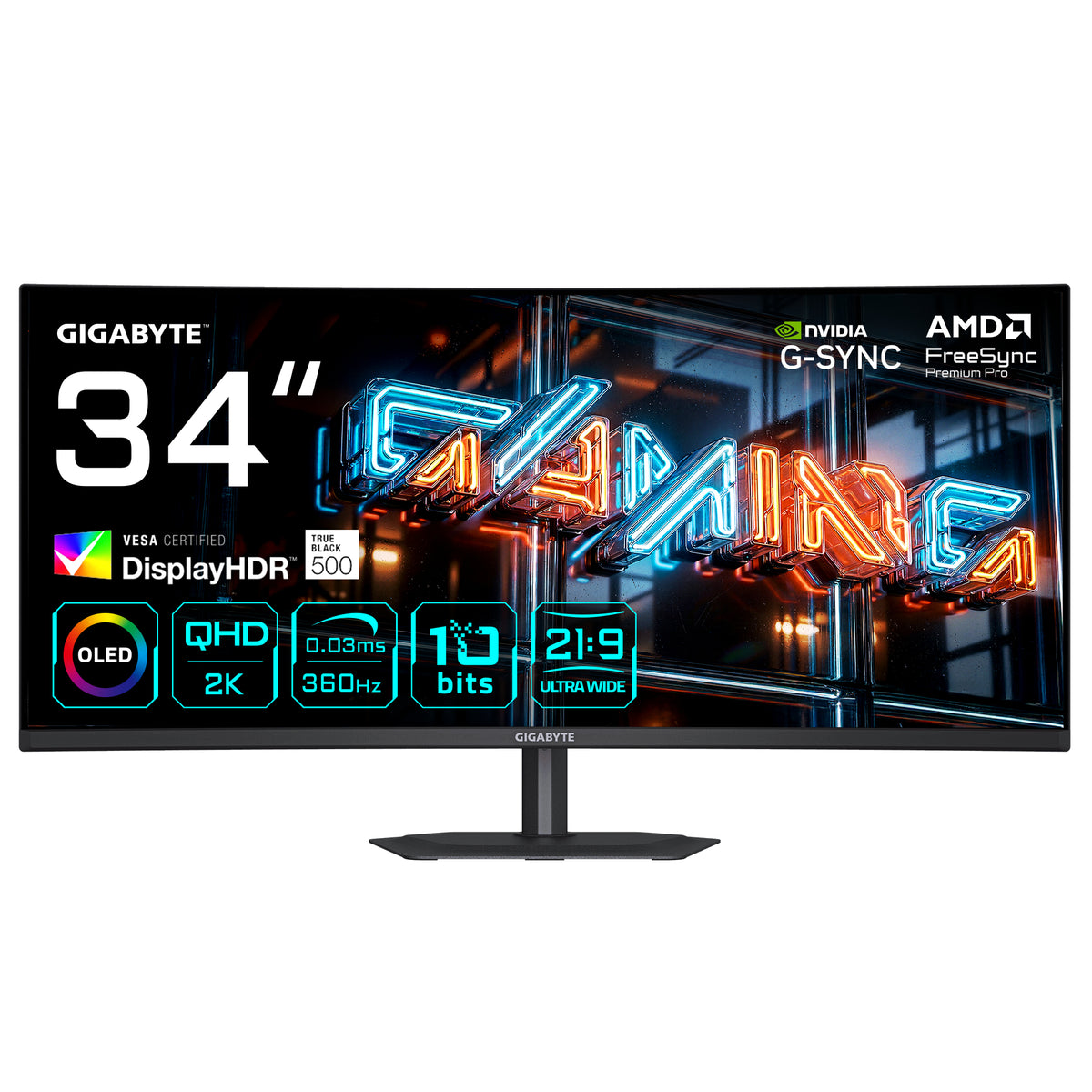 GIGABYTE MO34WQC36 34” WQHD Curved Gaming-Monitor - 3440 x 1440, 360Hz, 0.03ms, KVM, 300 cd/m², FreeSync Premium Pro, DisplayHDR True Black 500, HDMI 2.1, DisplayPort 2.1
