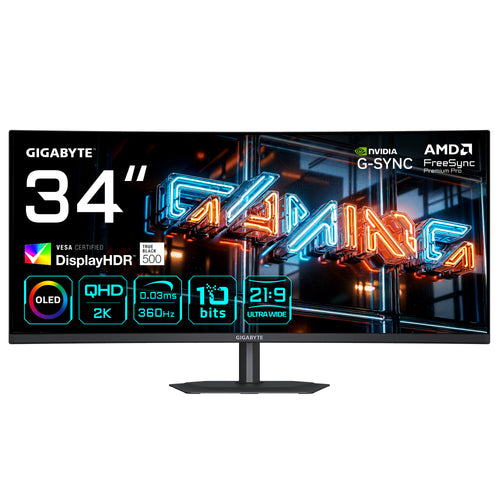 GIGABYTE MO34WQC36 34” WQHD Curved Gaming-Monitor - 3440 x 1440, 360Hz, 0.03ms, KVM, 300 cd/m², FreeSync Premium Pro, DisplayHDR True Black 500, HDMI 2.1, DisplayPort 2.1