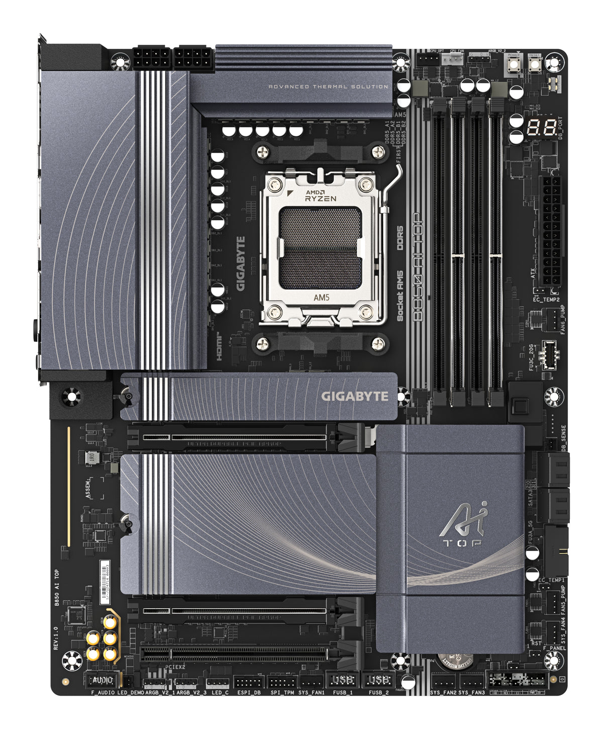 GIGABYTE B850 AI TOP Motherboard - AMD Ryzen 9000 Series CPUs, 16+2+2 Phasen Digital VRM, bis zu 8600MHz DDR5 (OC), 2xPCIe 5.0 + 1xPCIe 4.0 M.2, 10 GbE LAN, WIFI 7, USB 3.2 Gen 2x2