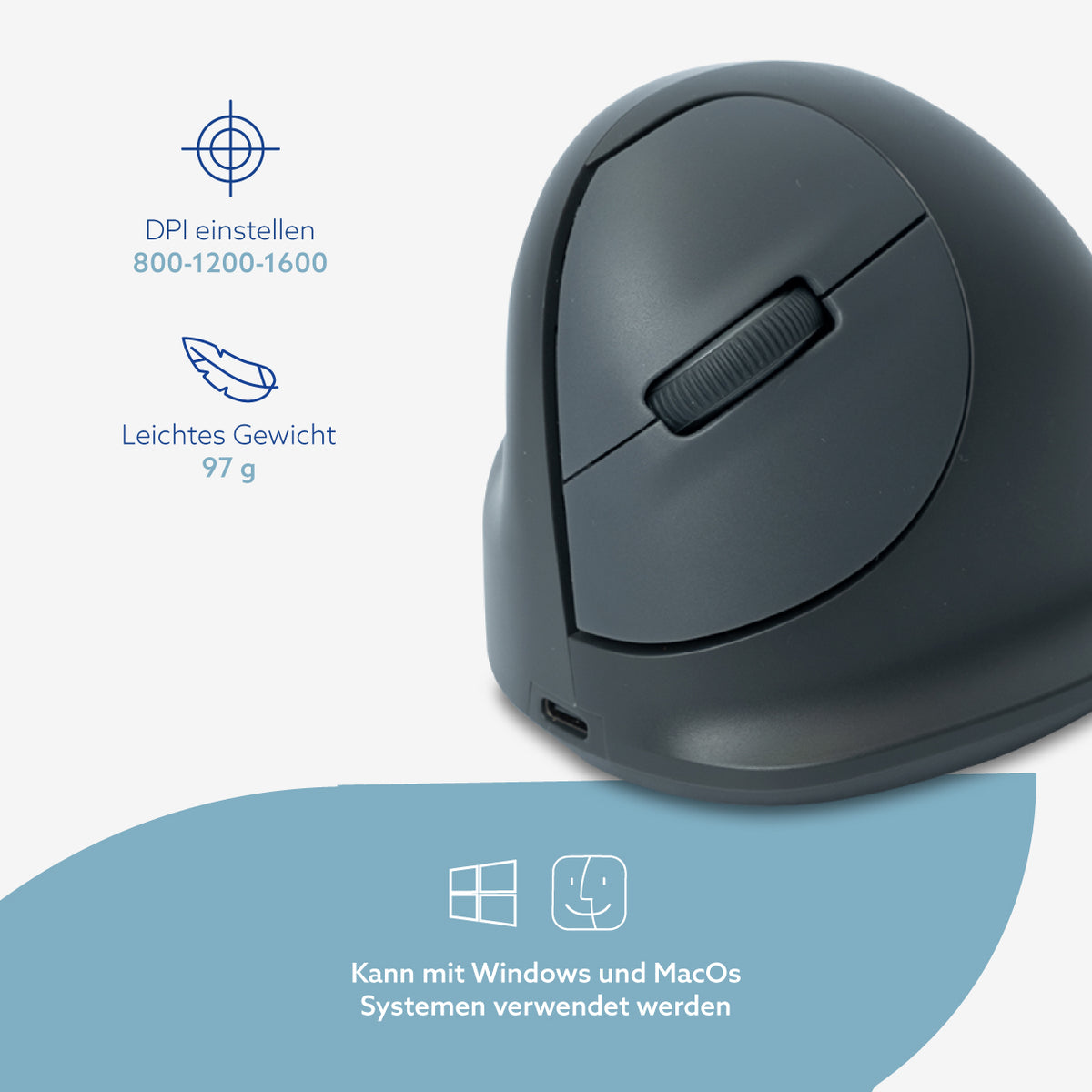R-Go Tools Vertikale Maus R-Go HE Basic, ergonomische Maus, mittel (Handlänge 165–185 mm), für Linkshänder, Bluetooth