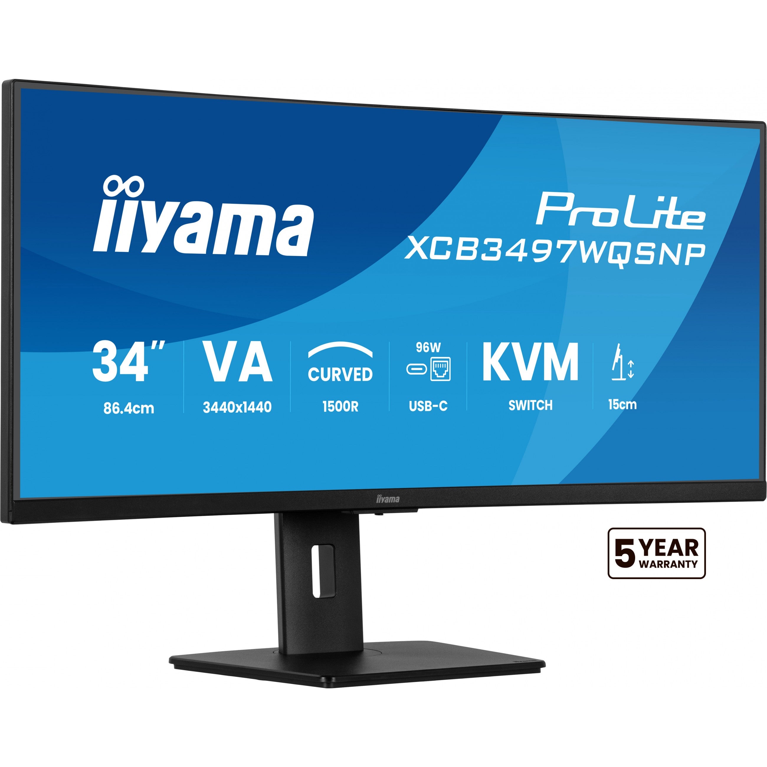 86.4cm/34" (3440x1440) iiyama ProLite XCB3497WQSNP-B1 21:9 UWQHD VA 0.4ms 120Hz HDMI DP USB-C Speaker Black