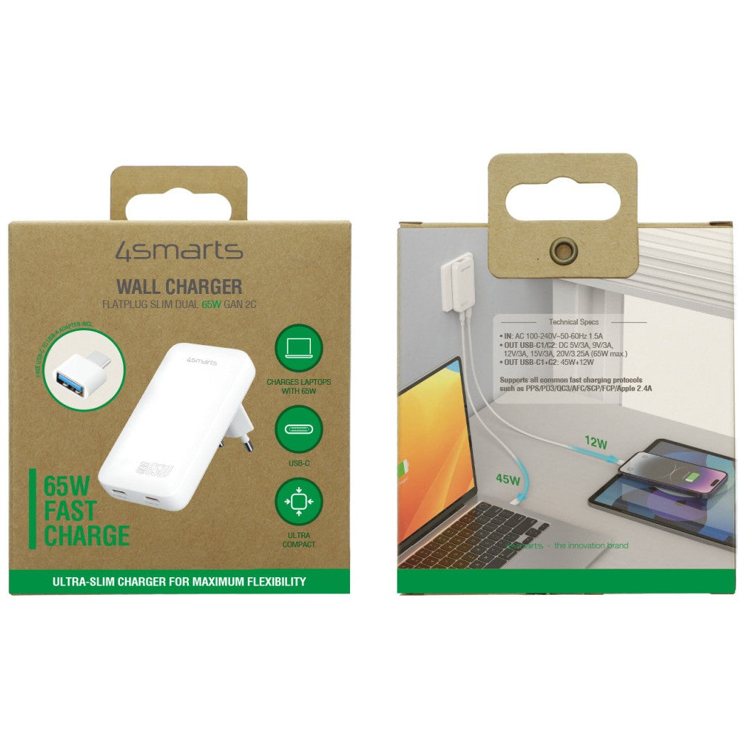 4smarts Netzladegert FlatPlug Slim Dual 65W GaN 2C. wei