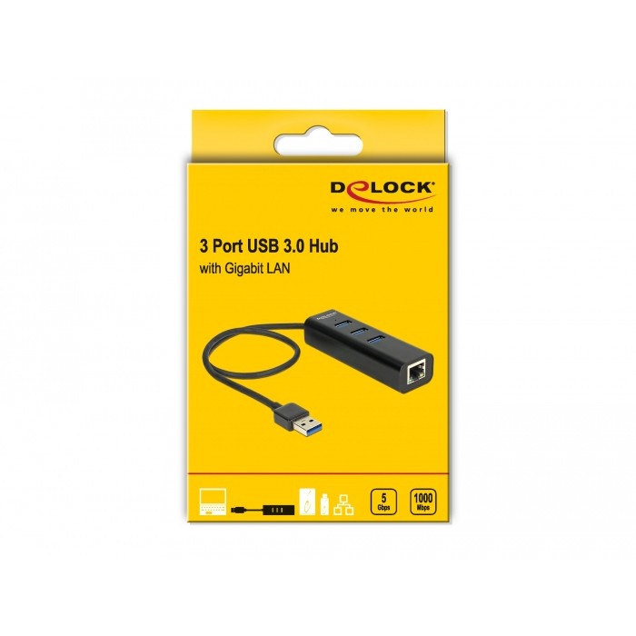 DELOCK HUB USB 3.0 3 Port extern + 1 x Gigabit LAN Port schwarz