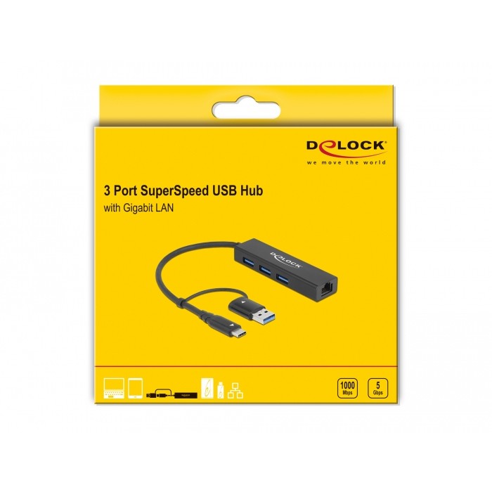DELOCK 3 Port USB 3.2 Gen 1 Hub + Gigabit LAN mit USB Type-C oder USB Typ-A Anschluss