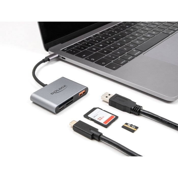 DELOCK USB-C Card Reader fur SD und Micro SD Speicherkarten + USB 10 Gbps Typ-A Port und USB Type-C PD 2.0 85 W