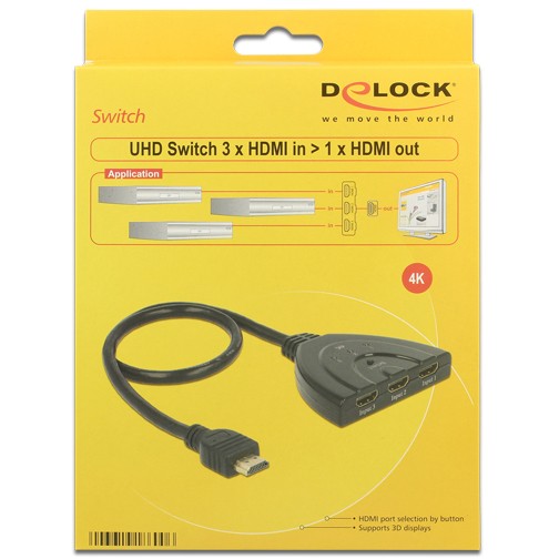 DELOCK HDMI UHD Switch 3 x HDMI in > 1 x HDMI out 4K mit integriertem Kabel 50 cm