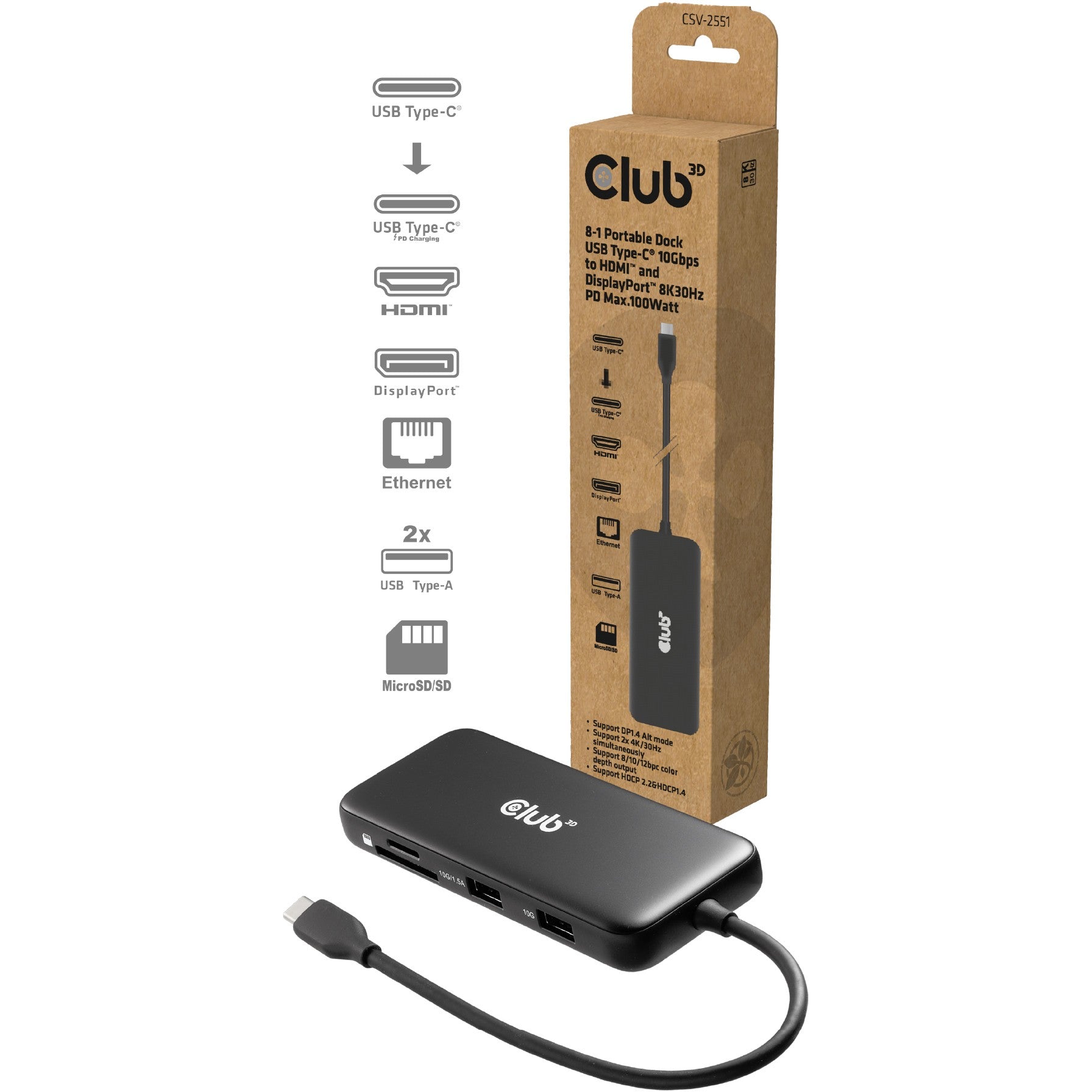 Club3D USB-C 8in1-HUB >DP1.4/HDMI2.0/USB-C/LAN 8K30Hz PD100W