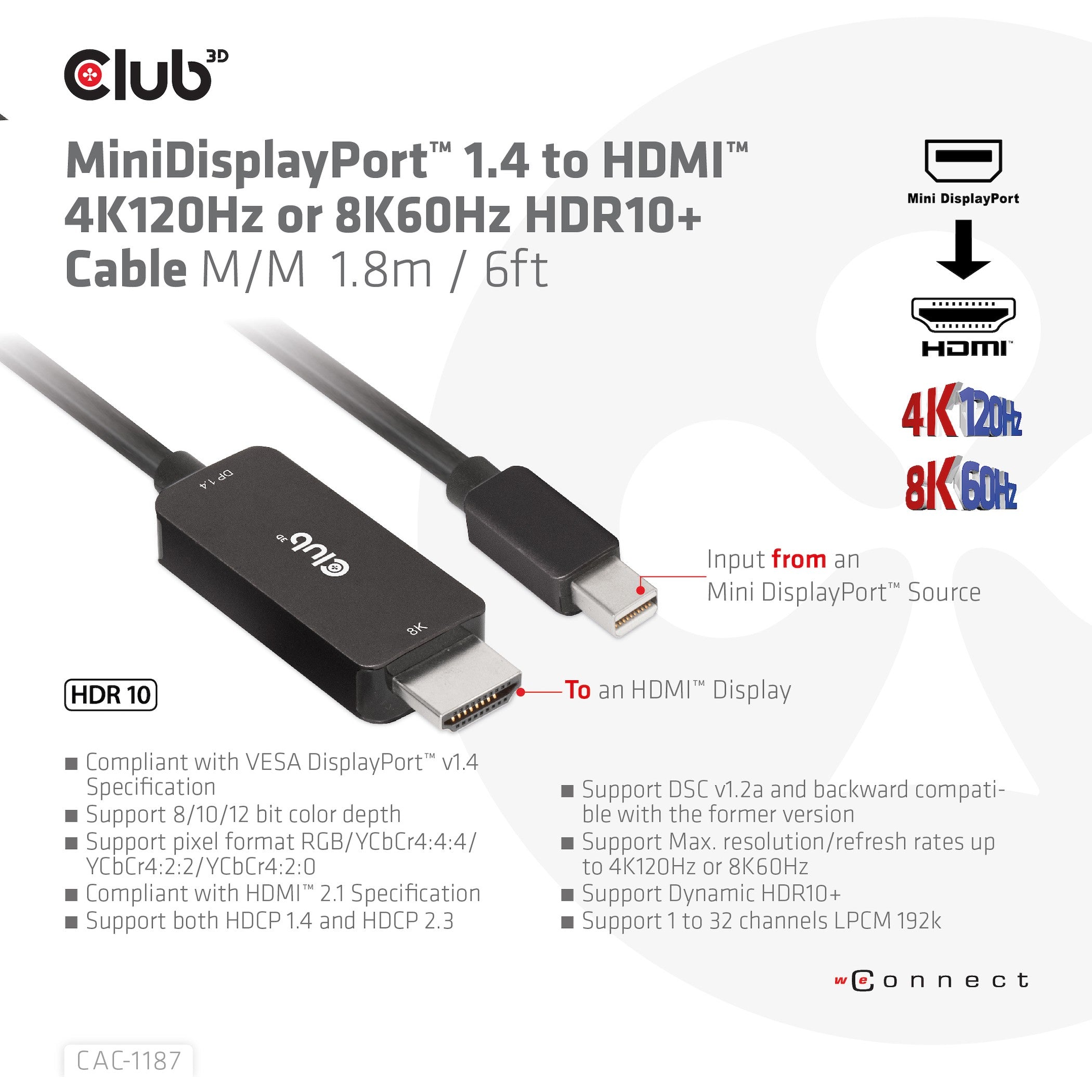 Club3D Kabel MiniDP 1.4 > HDMI 1.8m 8K60Hz St/St retail