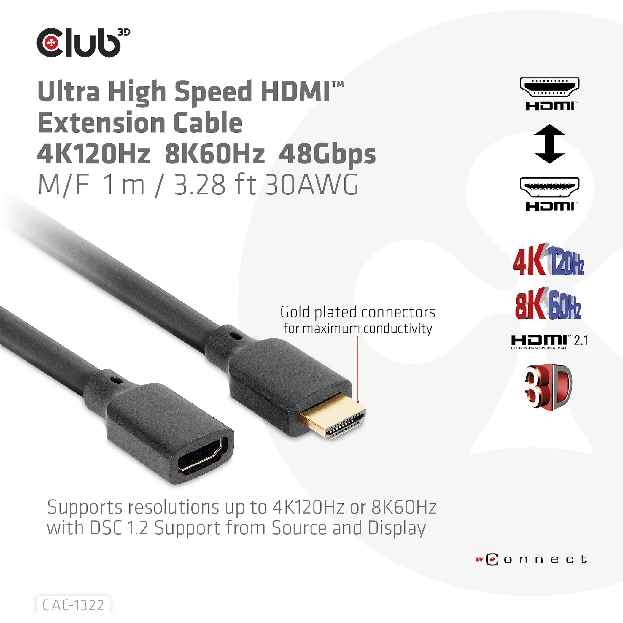 Club3D HDMI-Kabel 2.1 UHD-Verlängerungskabel 1 Meter St/Bu retail