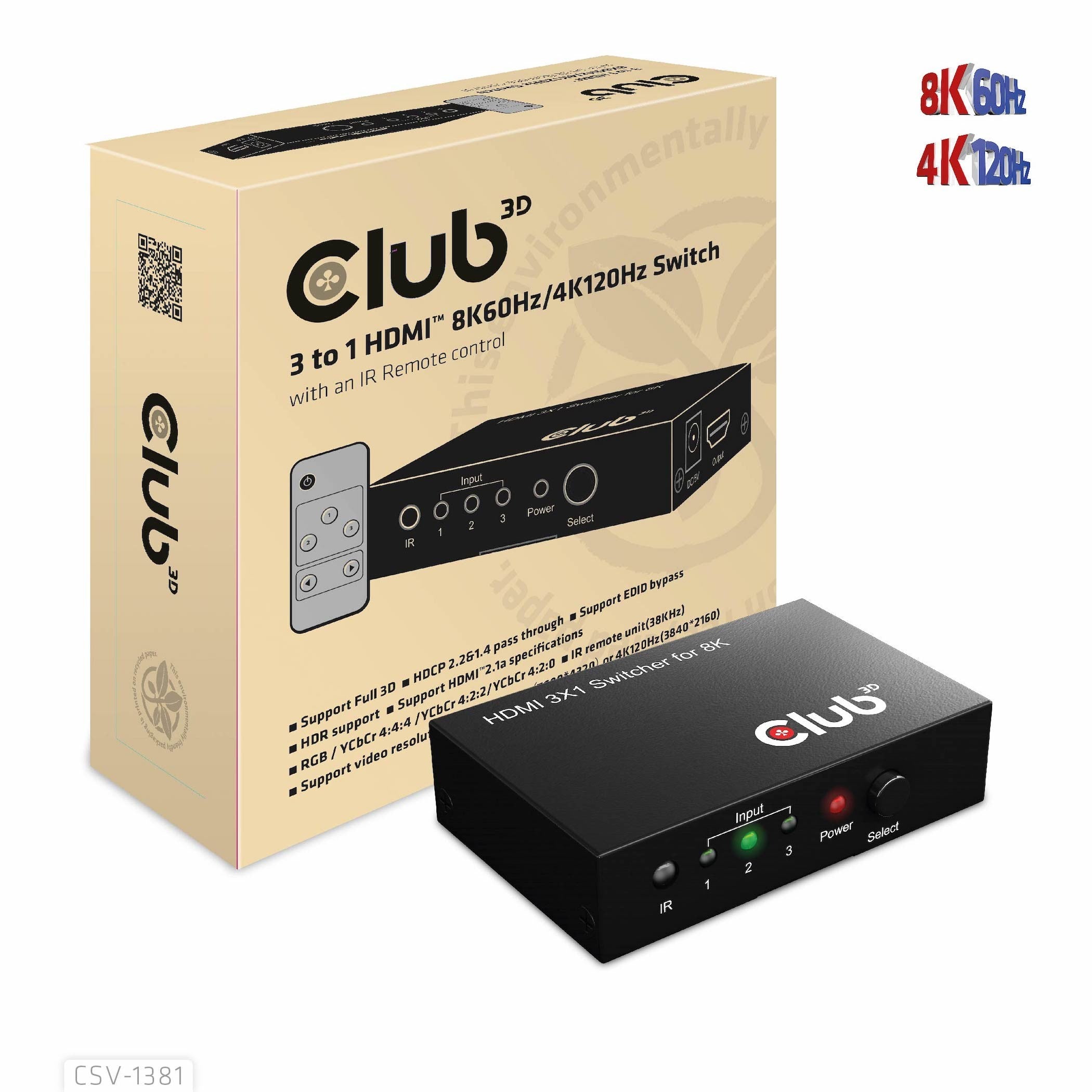 Club3D HDMI Switchbox 3 Eingänge -> 1 Ausgang 8K60Hz UHD retail