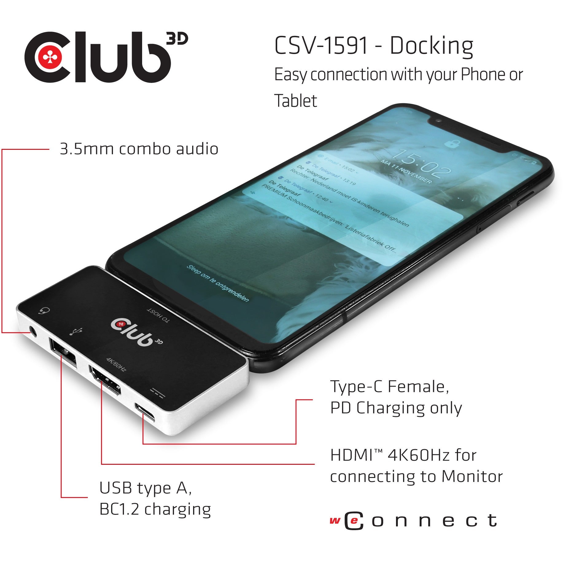 Club3D USB-C 4in1-HUB >HDMI/USB/USB-C/Audio 4K60Hz PD100W