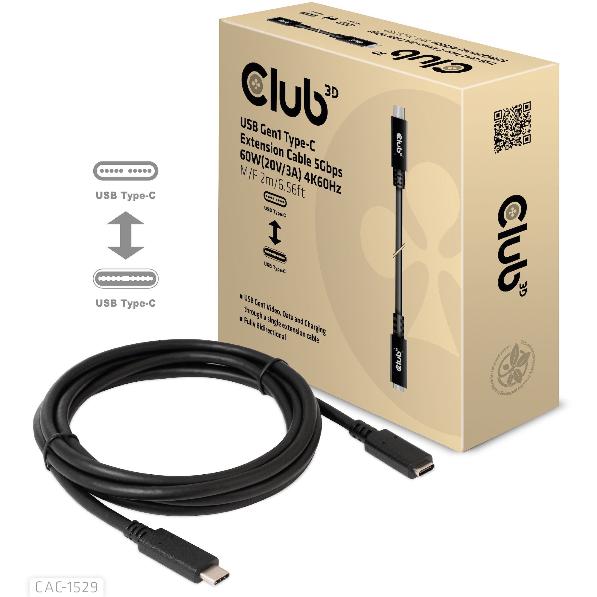 Club3D Kabel USB 3.2 Typ C 2m Verlängerung 5Gbps St/Bu