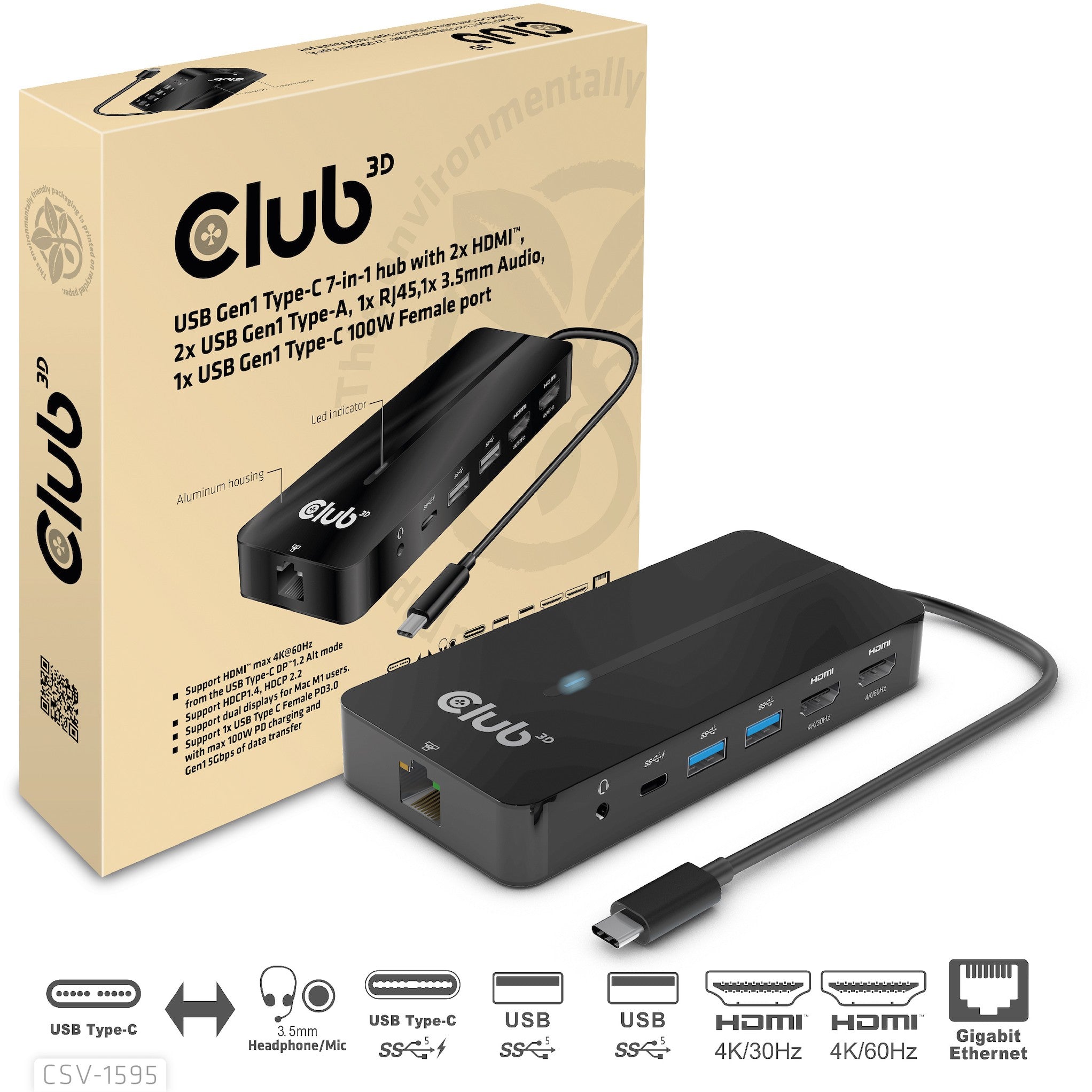 Club3D USB-C 7in1-HUB >2xHDMI/2xUSB/USB-C/LAN 4K60Hz PD100W