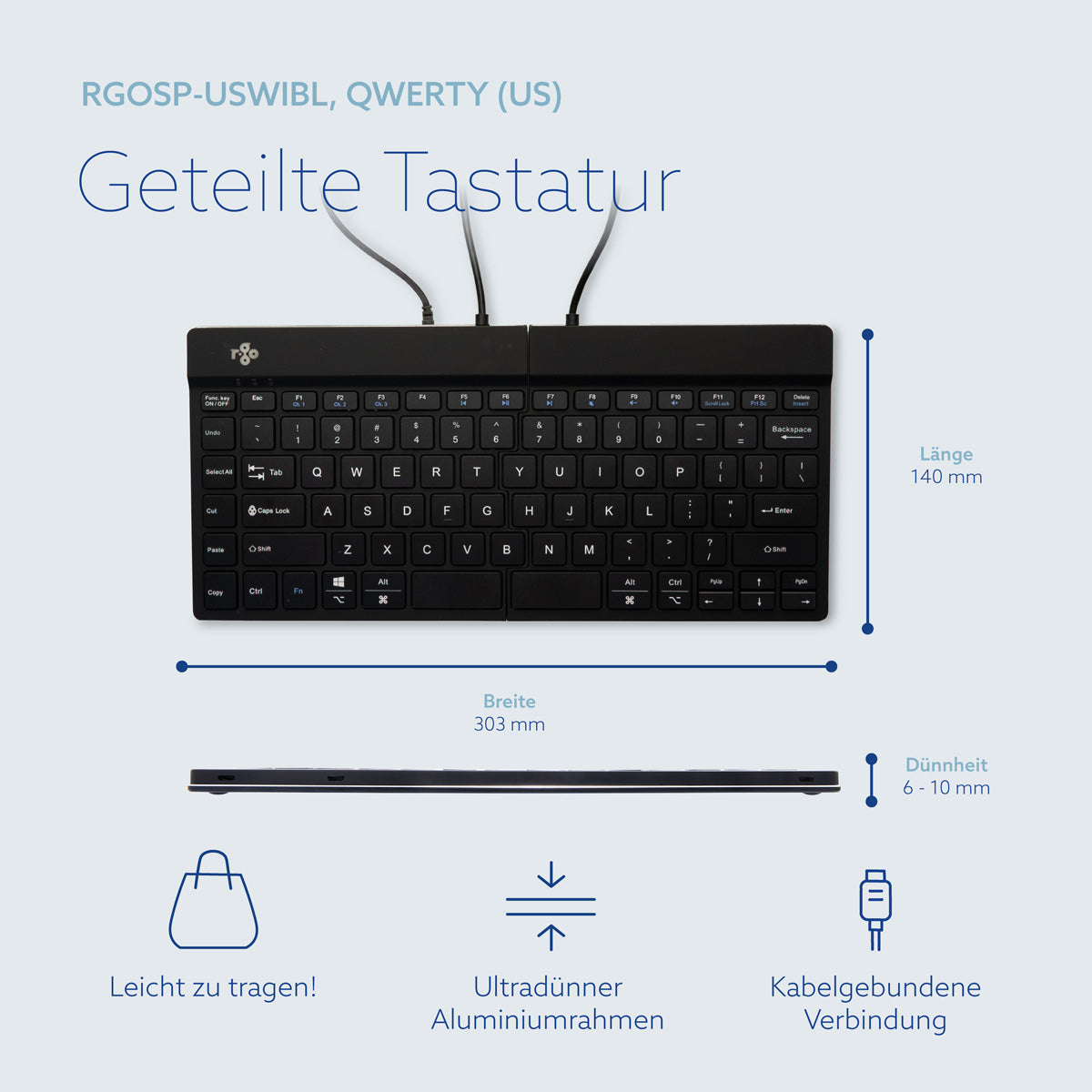 R-Go Tools Ergonomische Tastatur R-Go Split Break v2 mit Pausensoftware, geteilte Tastatur, QWERTY (US), Kabelgebunden, Schwarz