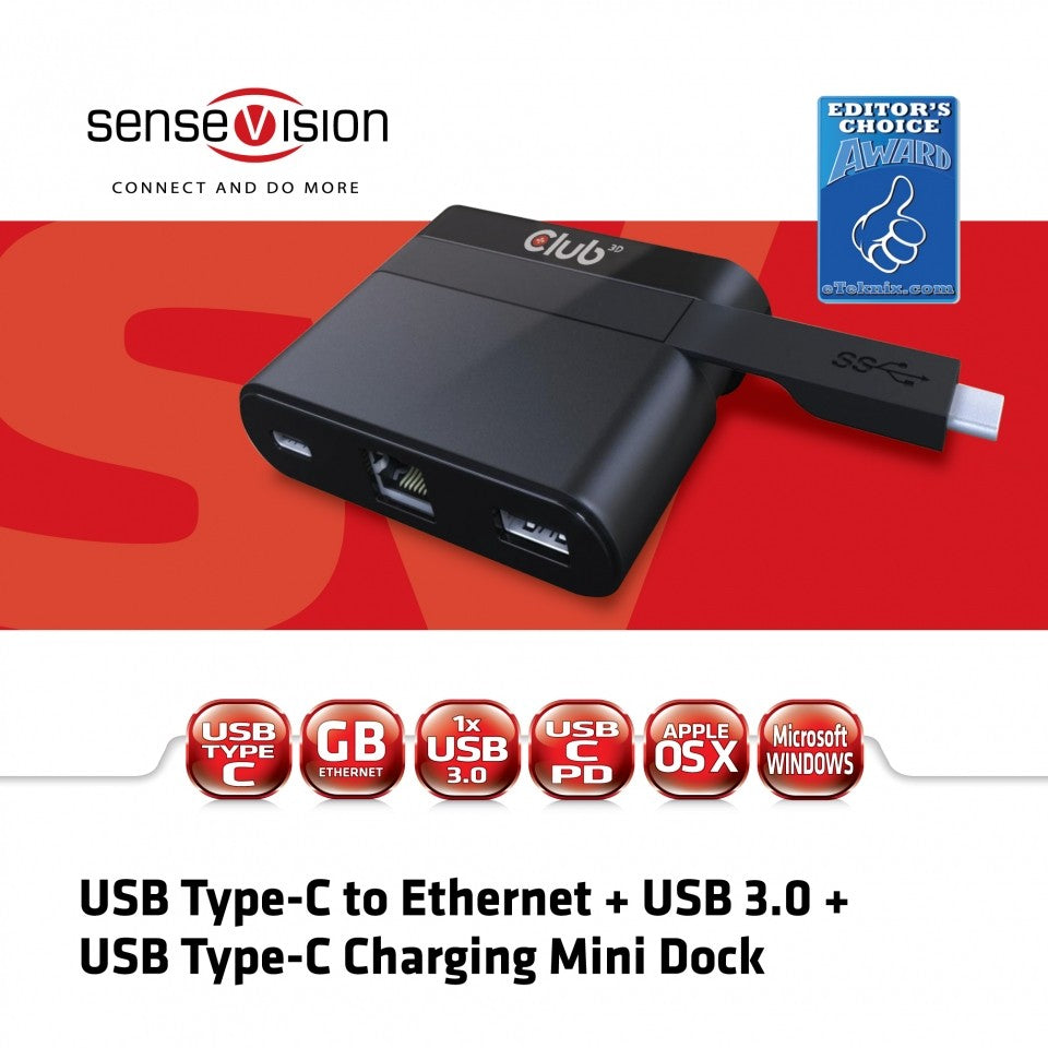 Club 3D SenseVision Adapter USB 3.0 C > Ethernet Gigabit LAN + USB 3.0 + USB Typ C