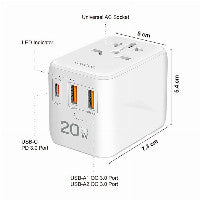 USB-A/C Travel charger, 20 W, GaN, 3-port, 2x USB-A (QC), 1x USB-C (PD), Slim Version, White