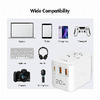 USB-A/C Travel charger, 20 W, GaN, 3-port, 2x USB-A (QC), 1x USB-C (PD), Slim Version, White